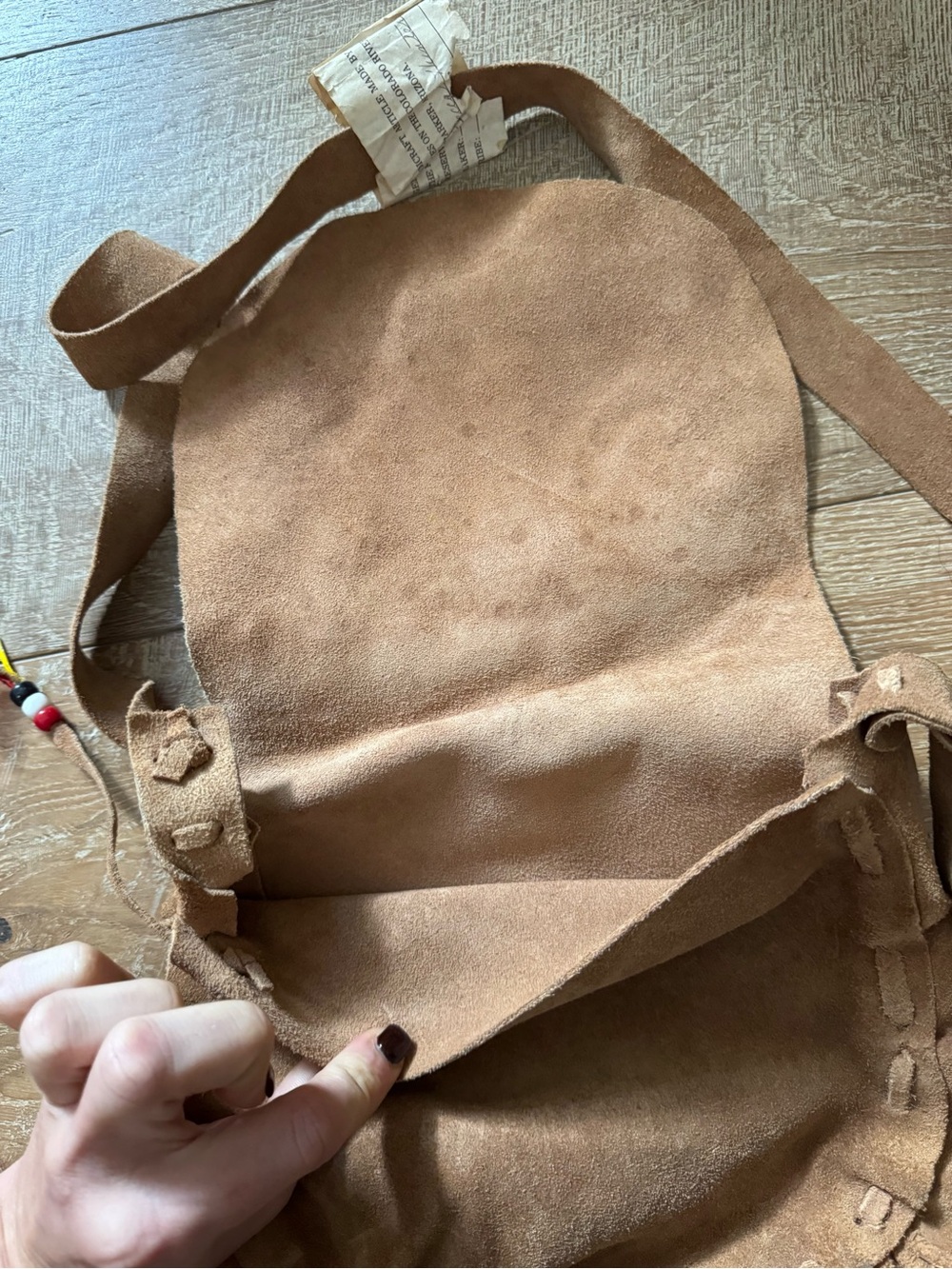 Handmade Native American Tribal Tan Suede Crossbody with Fringe - Picture 6 of 9
